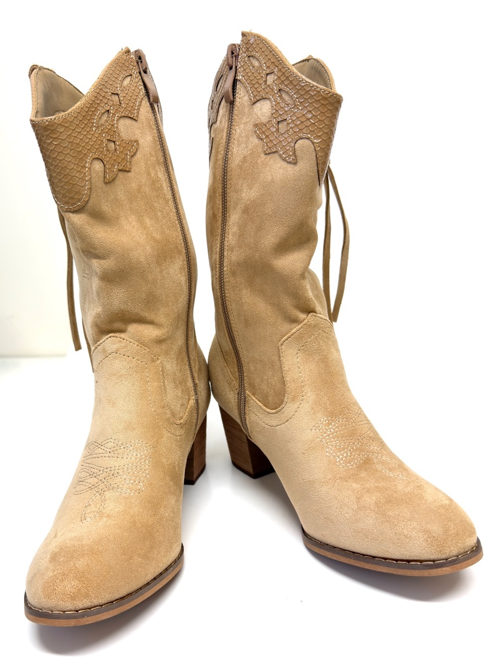 Shibever Western Boots Womens 7 Tan Faux Suede Snakeskin Zip Block Heel